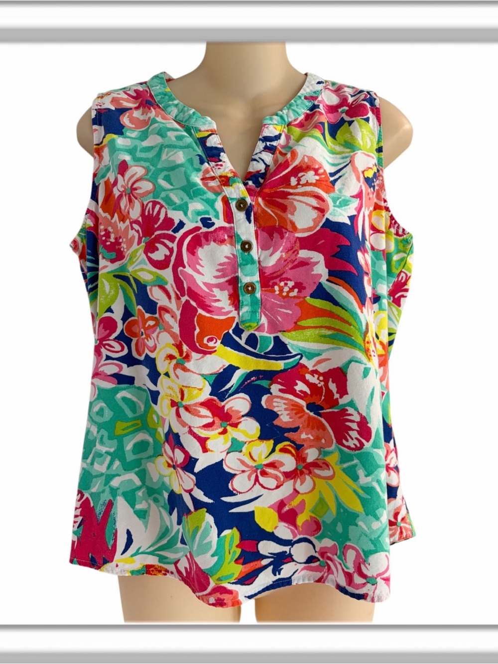 Caribbean Joe Tropical Floral Sleeveless Top Blue Red Size Medium